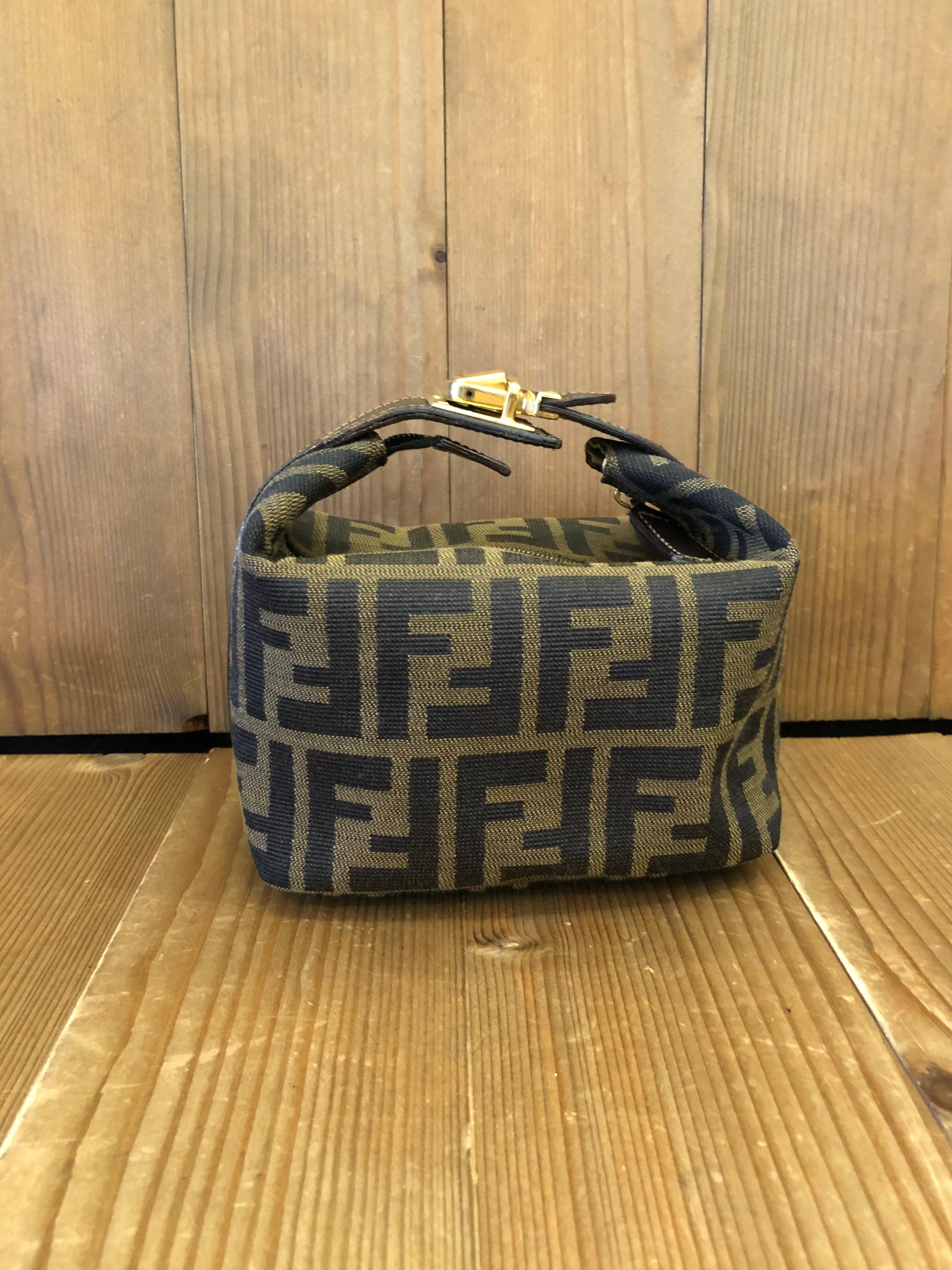 1990s Vintage FENDI Brown Zucca Jacquard Mini Vanity Pouch with Gold HW In Good Condition In Bangkok, TH