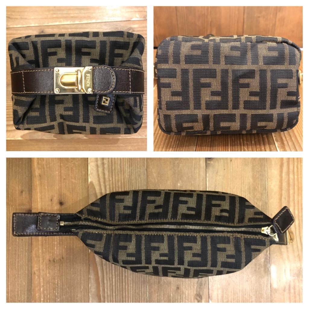 Women's 1990s Vintage FENDI Brown Zucca Jacquard Mini Vanity Pouch with Gold HW