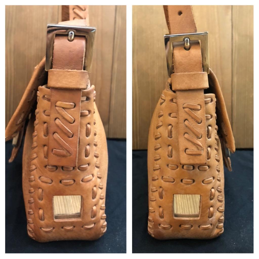 1990s Vintage FENDI Leather Whipstitch Mirror Baguette Handbag Camel 1