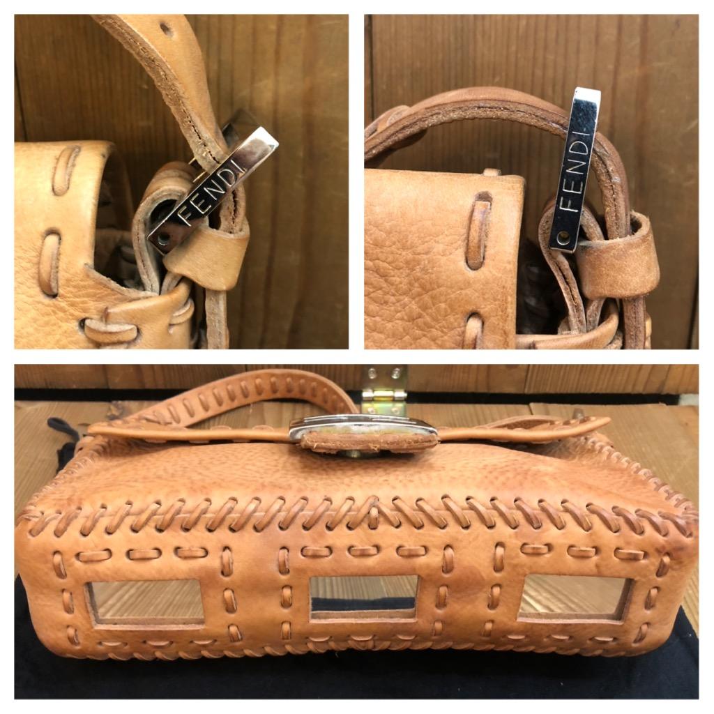 1990s Vintage FENDI Leather Whipstitch Mirror Baguette Handbag Camel 2