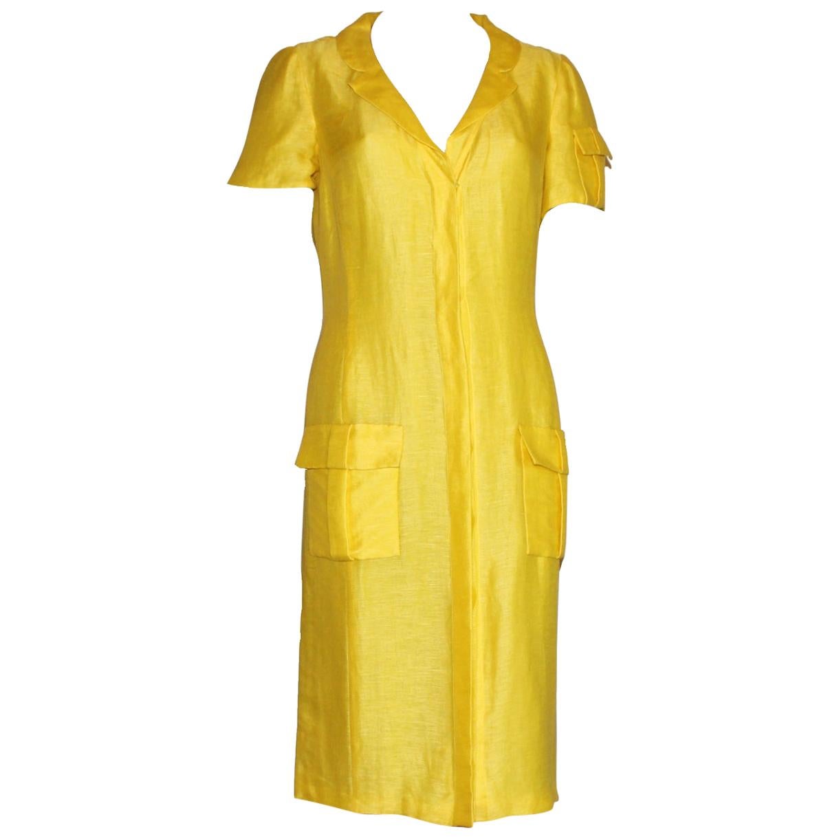 1990er Gianni Versace Couture Sommerkleid aus gelber Seide und Leinen 40