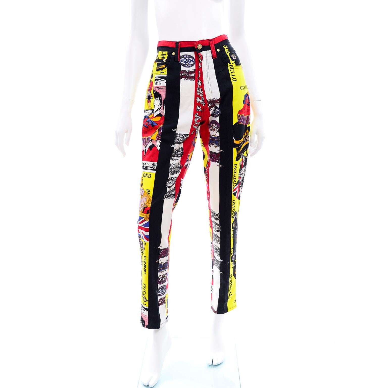 This is an outstanding pair of jeans from Gianni Versace in a London Rock 'n Roll cotton print. The swinging 60's London print fabric is in shades of red, yellow, black and blue and it includes references to ; the Beatles, Sex Pistols, Beefeaters,