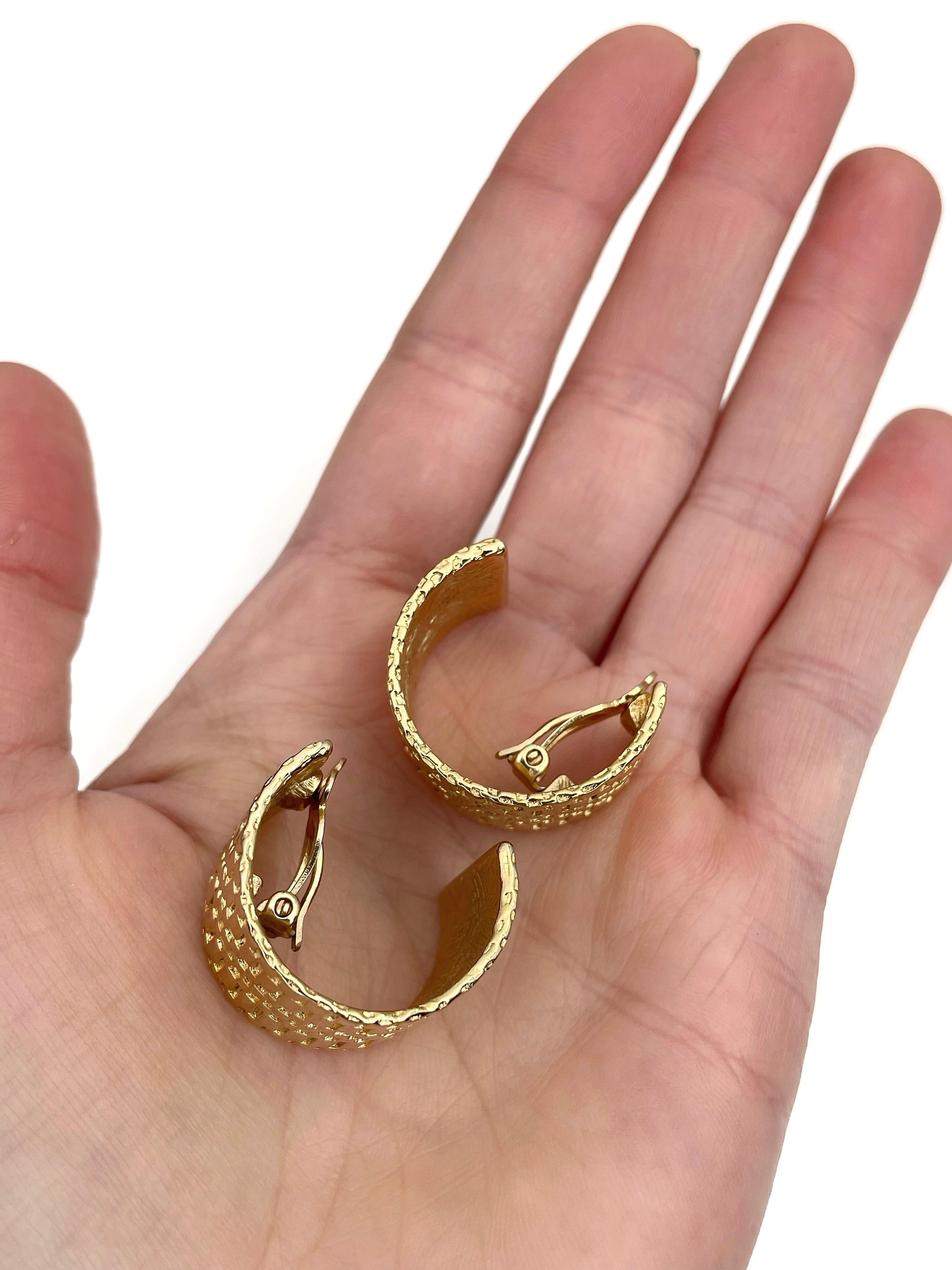 Modern 1990s Vintage Givenchy Gold Tone Textured Wide Semi Hoop Clip on Earrings