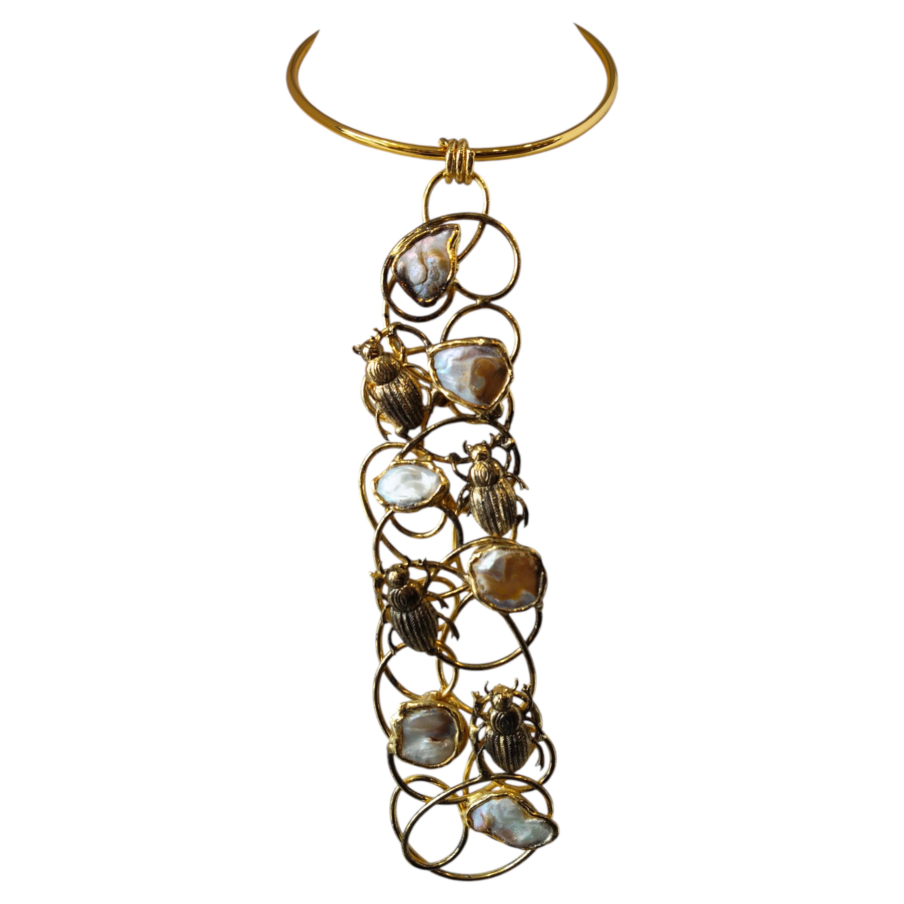 Handmade Italian Gold Tone Link Necklace with White Stones, 1990s