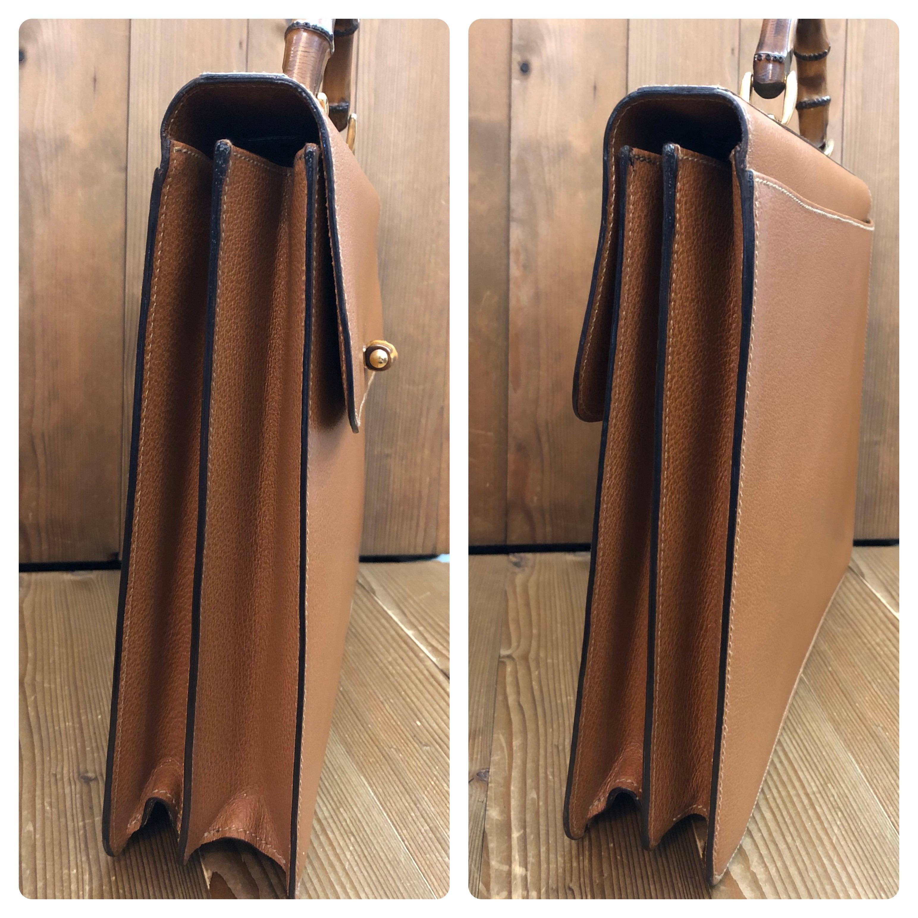 Women's or Men's 1990s Vintage GUCCI Bamboo Document Tote Bag Briefcase Pigskin Leather Caramel