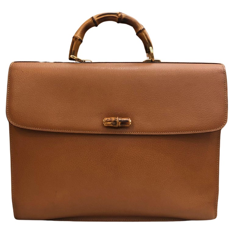 1990s Vintage GUCCI Bamboo Document Tote Bag Briefcase Leather Caramel For  Sale at 1stDibs