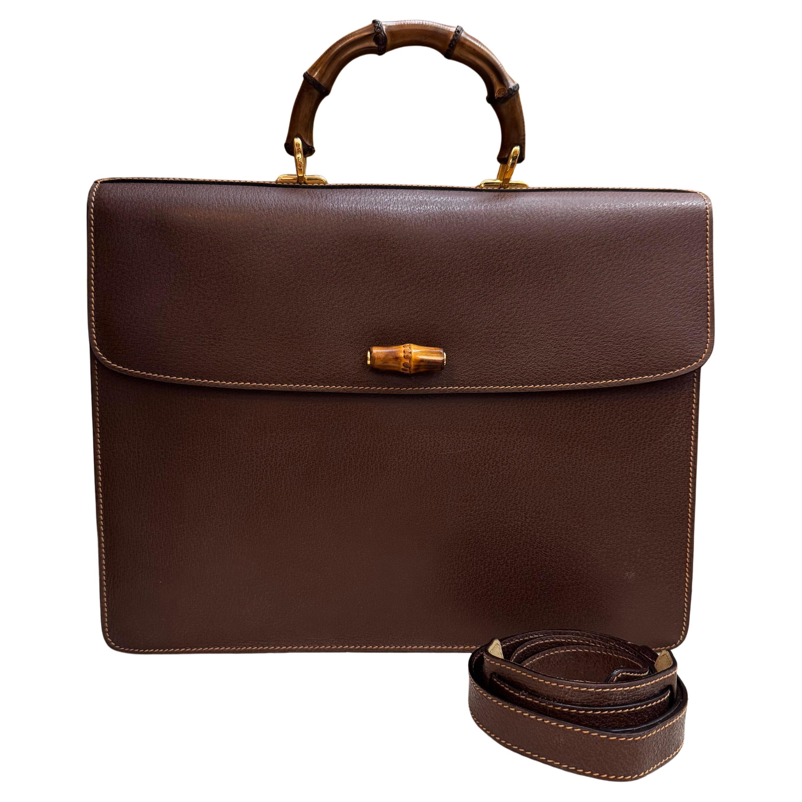 1990s Vintage GUCCI Bamboo Document Tote Bag Briefcase Pigskin Leather DarkBrown