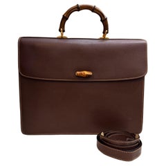 1990s Vintage GUCCI Bamboo Document Tote Bag Briefcase Pigskin Leather DarkBrown