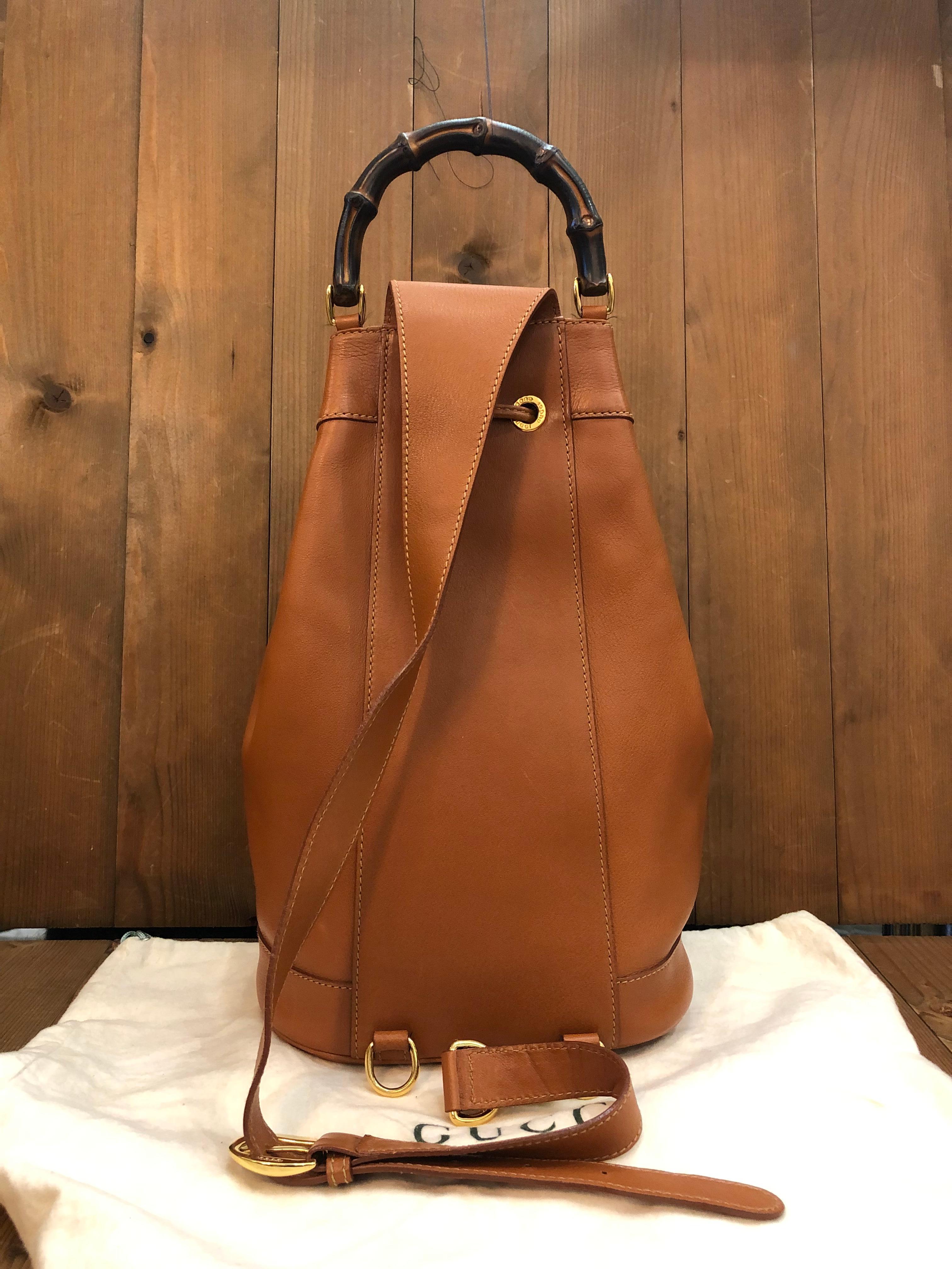 1990s Vintage GUCCI Bamboo Leather Bucket Bag Caramel Unisex In Excellent Condition In Bangkok, TH
