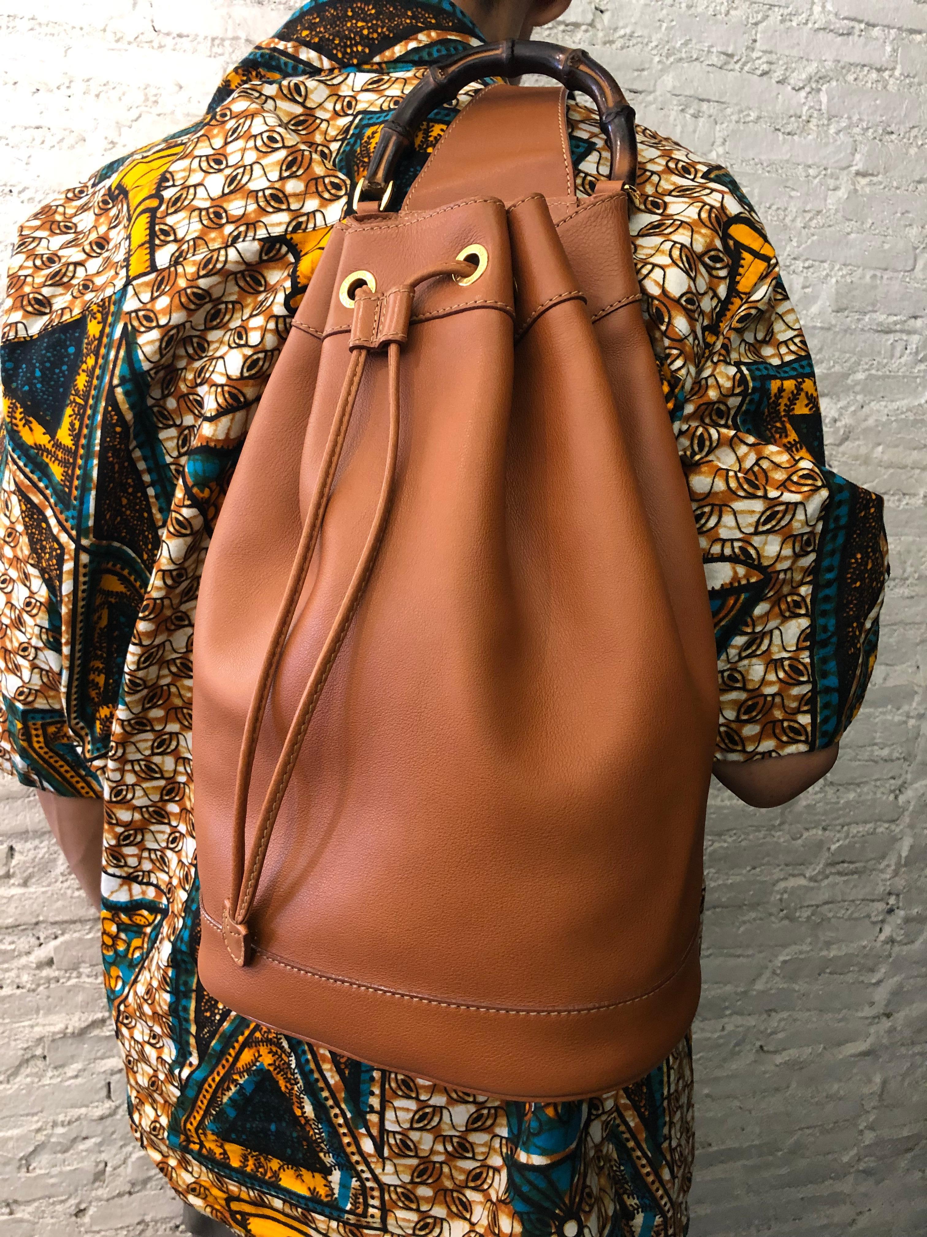Brown 1990s Vintage GUCCI Bamboo Leather Bucket Bag Caramel Unisex