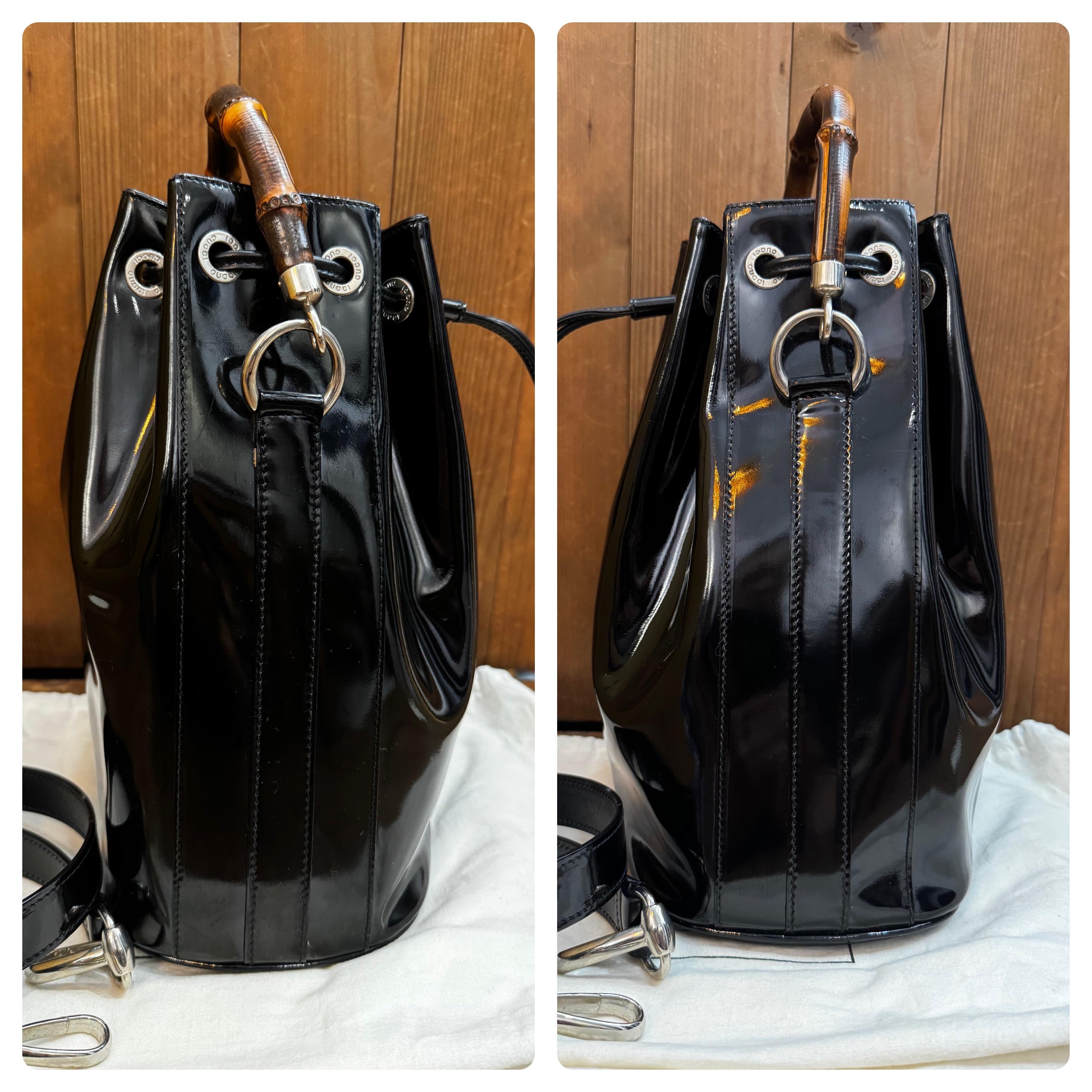Women's or Men's 1990s Vintage GUCCI Bamboo Patent Leather Bucket Bag Black
