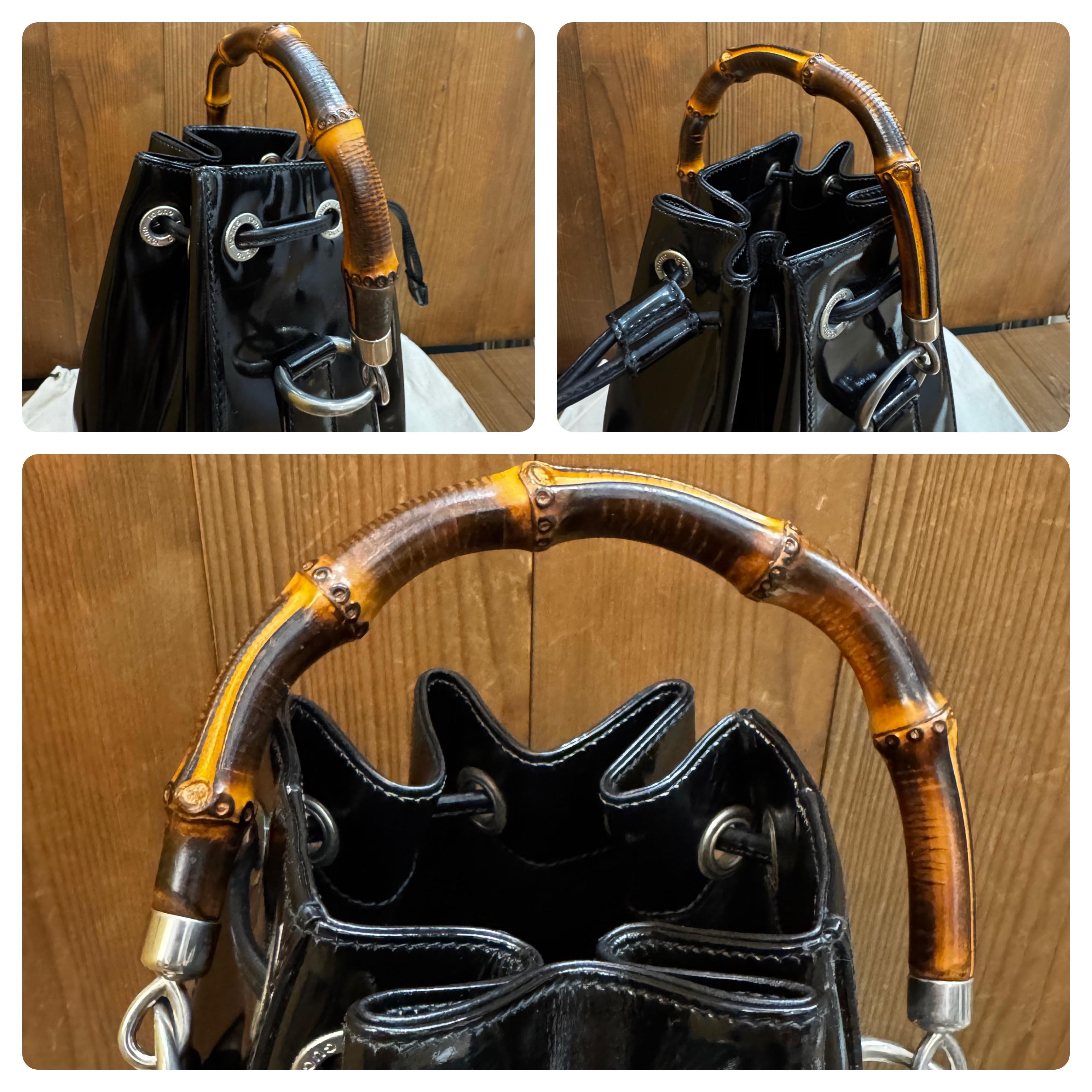 1990s Vintage GUCCI Bamboo Patent Leather Bucket Bag Black 3
