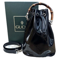 1990s Vintage GUCCI Bamboo Patent Leather Bucket Bag Black