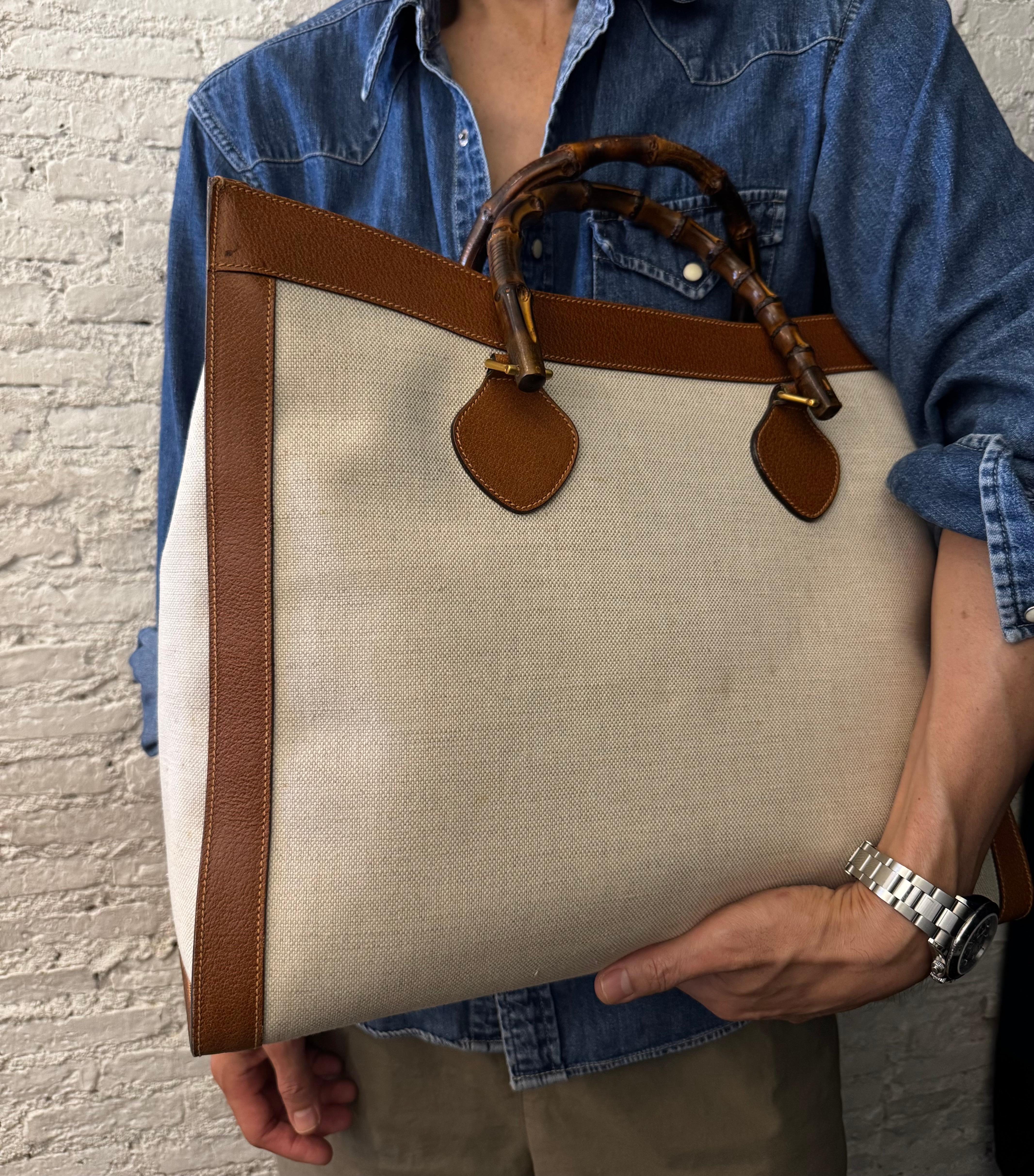 1990s Vintage GUCCI Bamboo Tote Diana Tote Bag Canvas Single Compartment Large 6