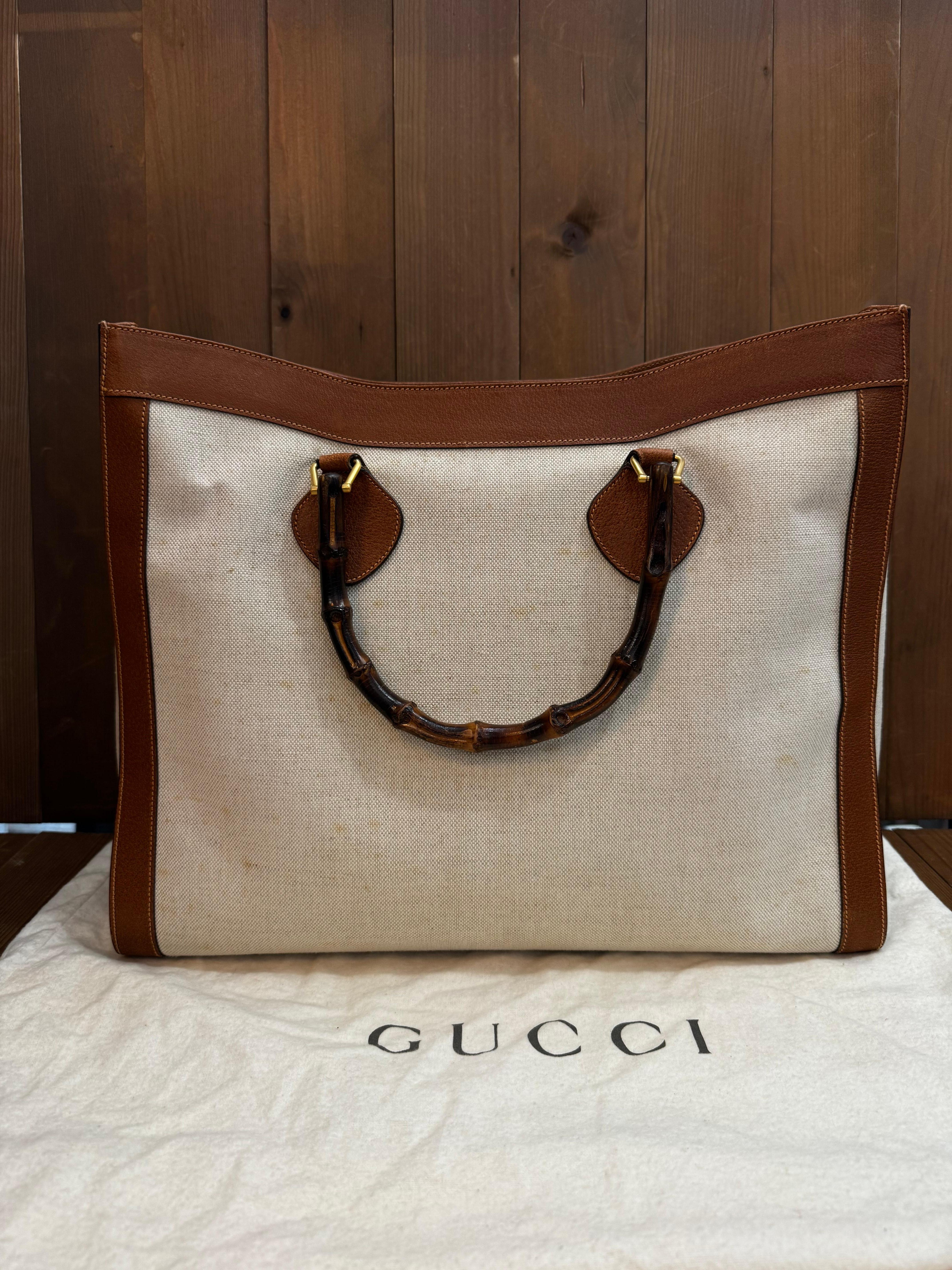 Brown 1990s Vintage GUCCI Bamboo Tote Diana Tote Bag Canvas Single Compartment Large