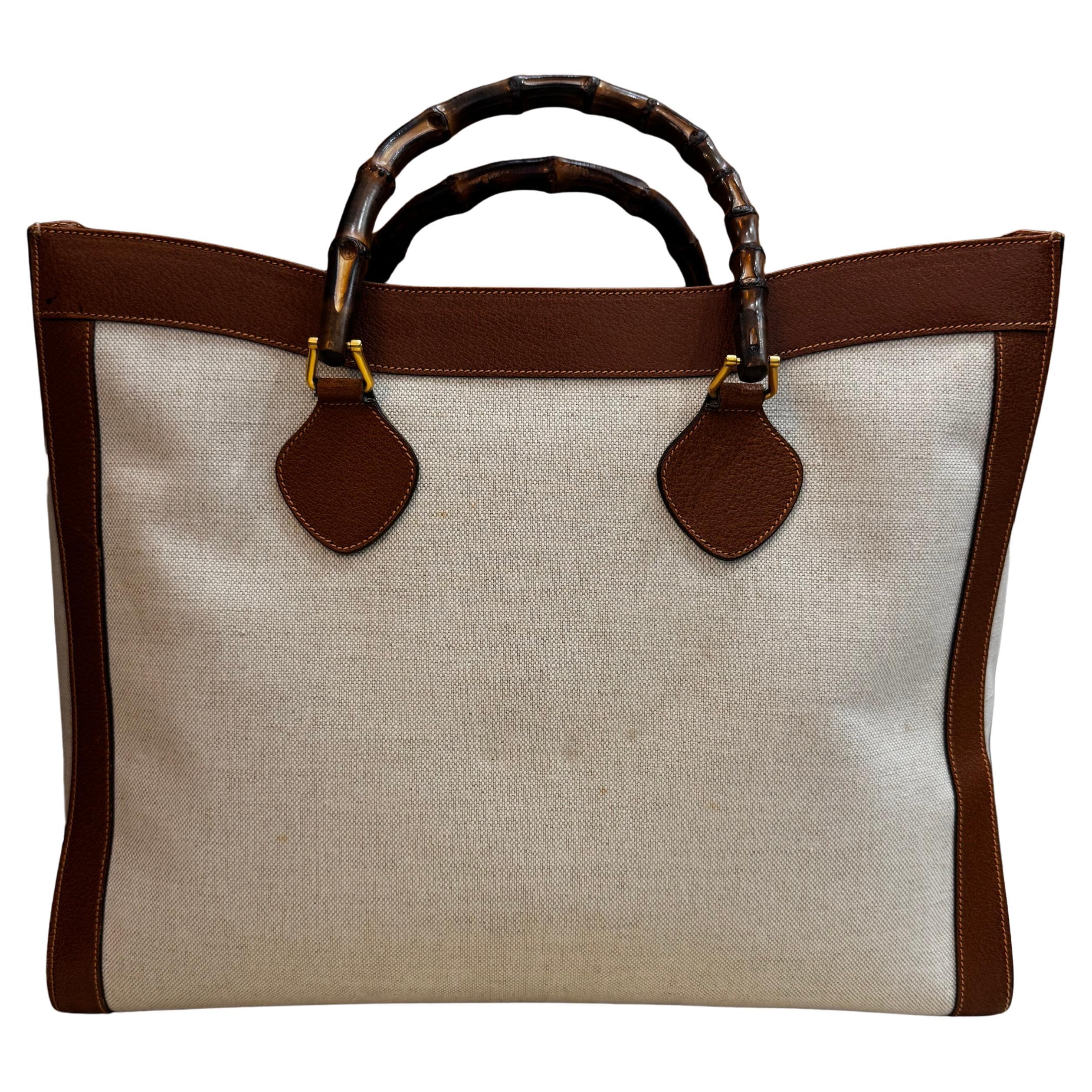 1990s Vintage GUCCI Bamboo Tote Diana Tote Bag Canvas Single Compartment Large