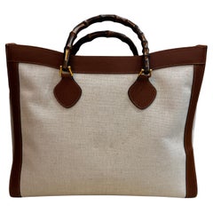 1990s Vintage GUCCI Bamboo Tote Diana Tote Bag Canvas Single Compartment Large