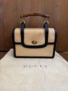 1990er Vintage GUCCI Bamboo Woven Handtasche Beige Schwarz