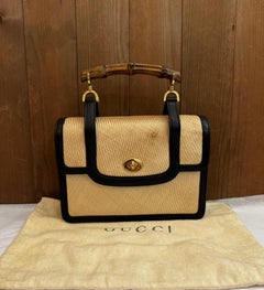 1990s Vintage GUCCI Bamboo Woven Hand Bag Beige Black