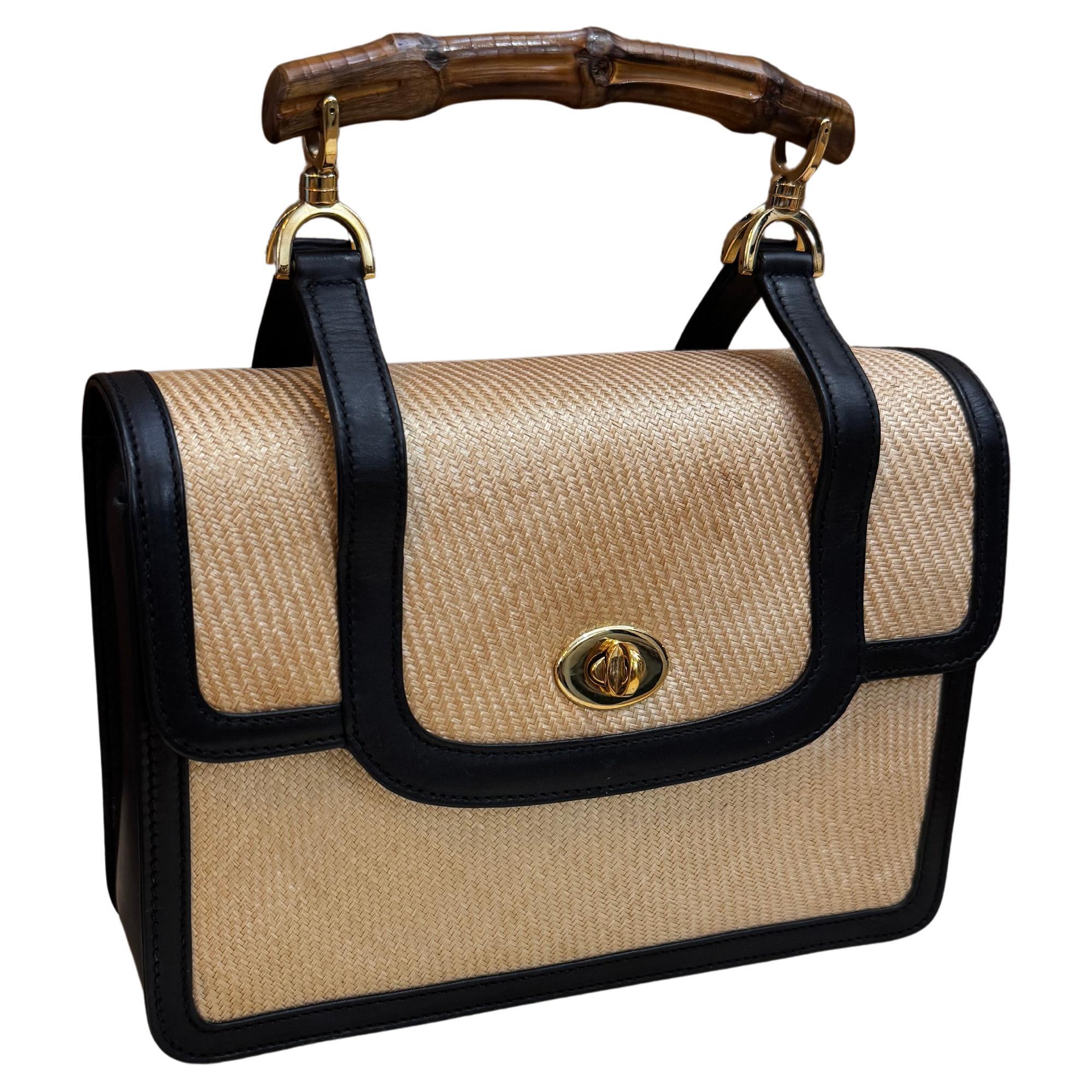 1990 Vintage GUCCI Sac à main en bambou tissé Beige Noir en vente