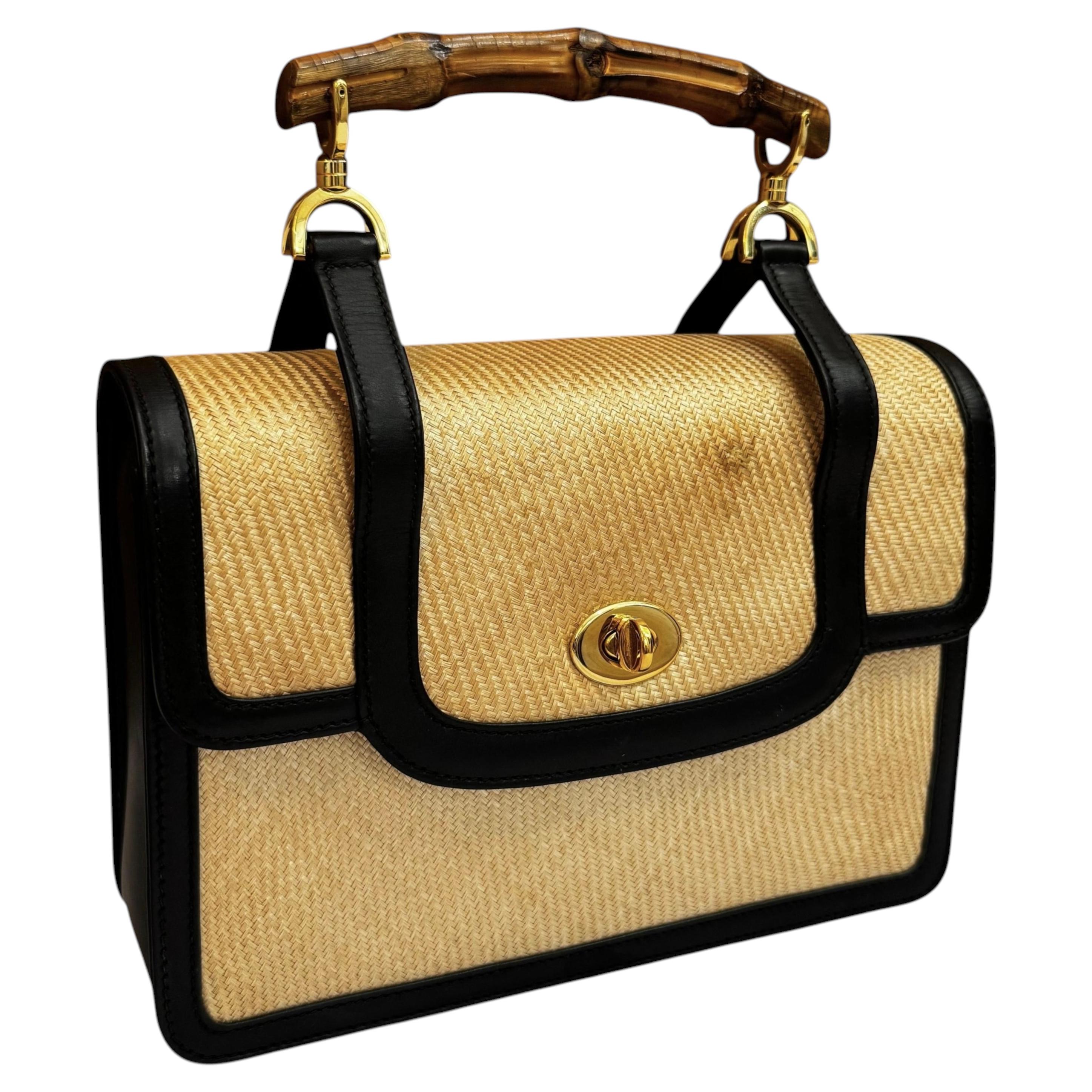 1990s Vintage GUCCI Bamboo Woven Hand Bag Beige Black