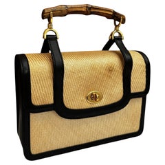 1990s Vintage GUCCI Bamboo Woven Hand Bag Beige Black