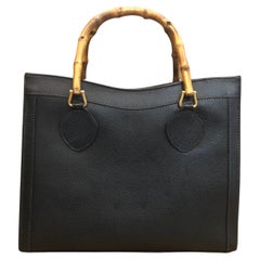 1990s Vintage GUCCI Leather Bamboo Tote Diana Tote Bag Black (Medium)