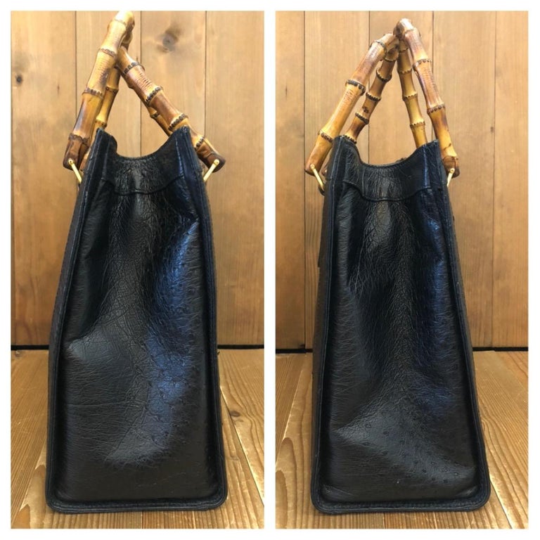 1990s Vintage GUCCI Black Ostrich Leather Bamboo Tote Diana Tote Bag  (Medium) at 1stDibs