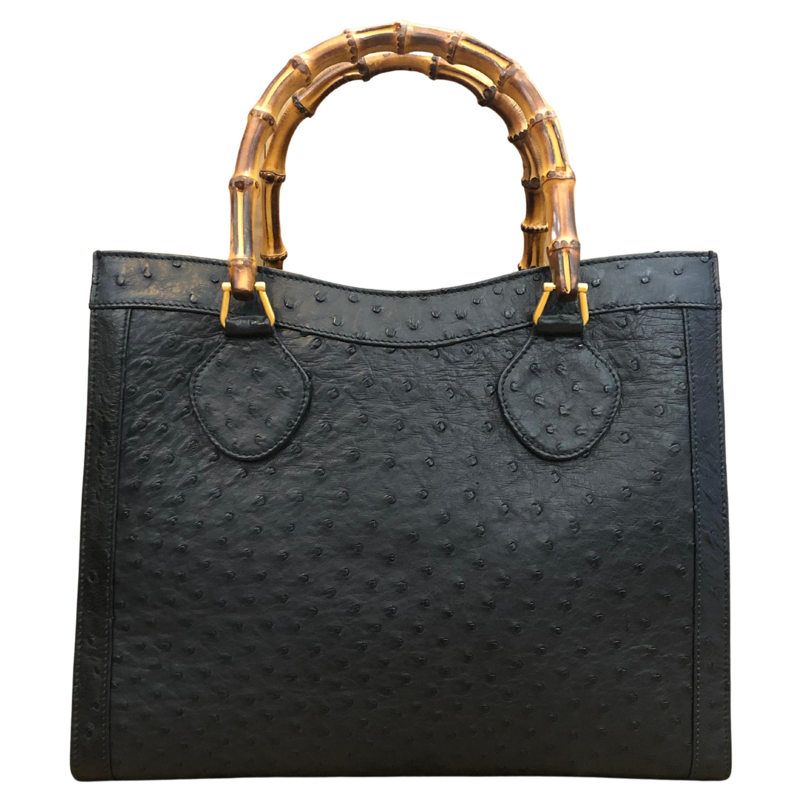 1990s Vintage GUCCI Black Ostrich Leather Bamboo Tote Diana Tote Bag (Medium)