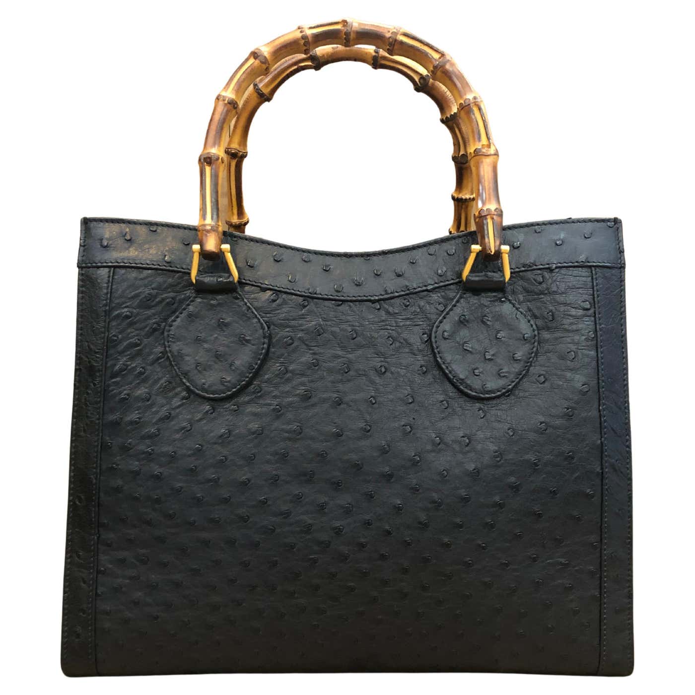 1990s Vintage GUCCI Black Ostrich Leather Bamboo Tote Diana Tote Bag ...