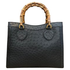 1990s Retro GUCCI Black Ostrich Leather Bamboo Tote Diana Tote Bag (Medium)