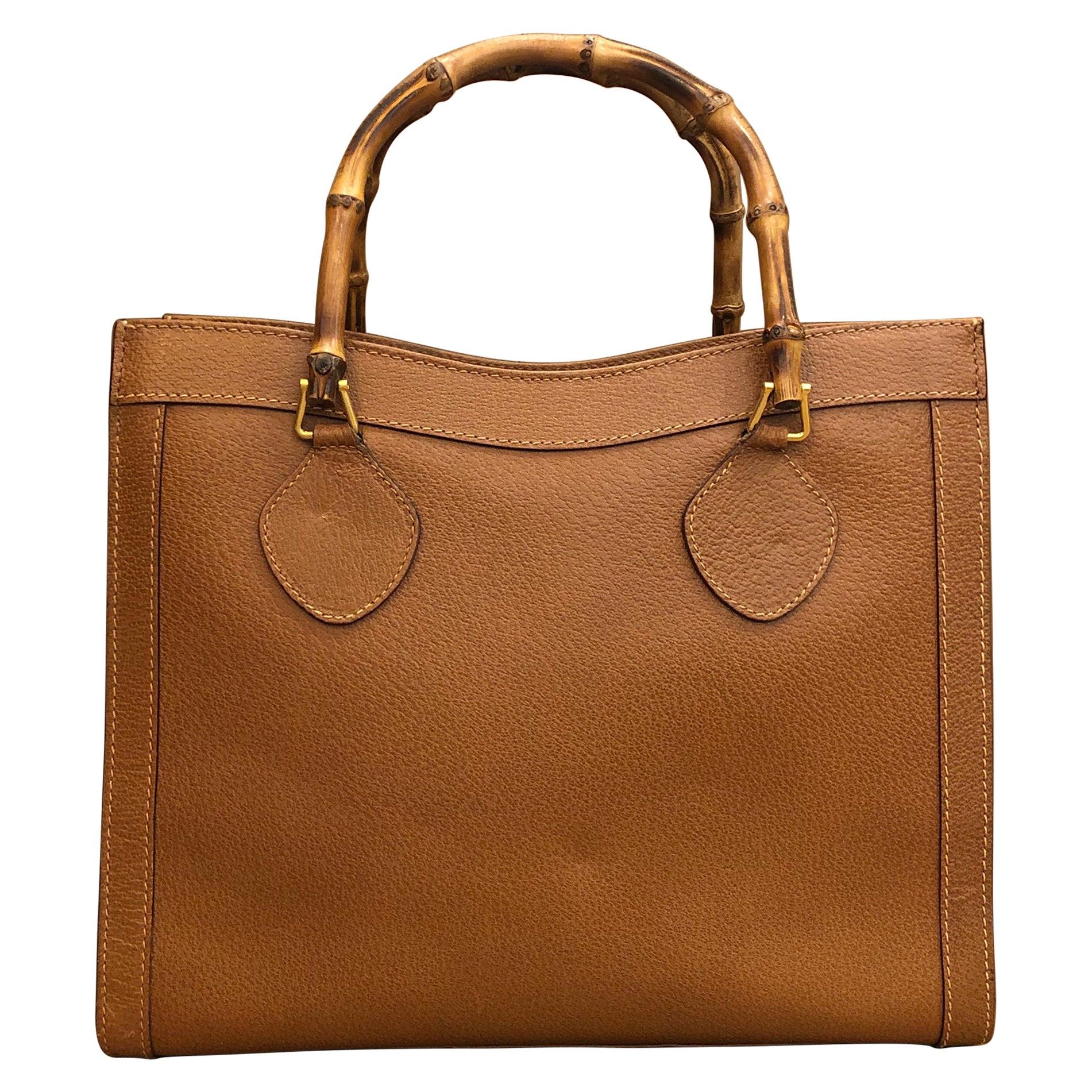1990er Vintage GUCCI Braune Leder-Bambus-Tragetasche Diana (Medium)