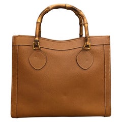 1990s Vintage GUCCI Brown Leather Bamboo Tote Diana Tote Bag (Medium)