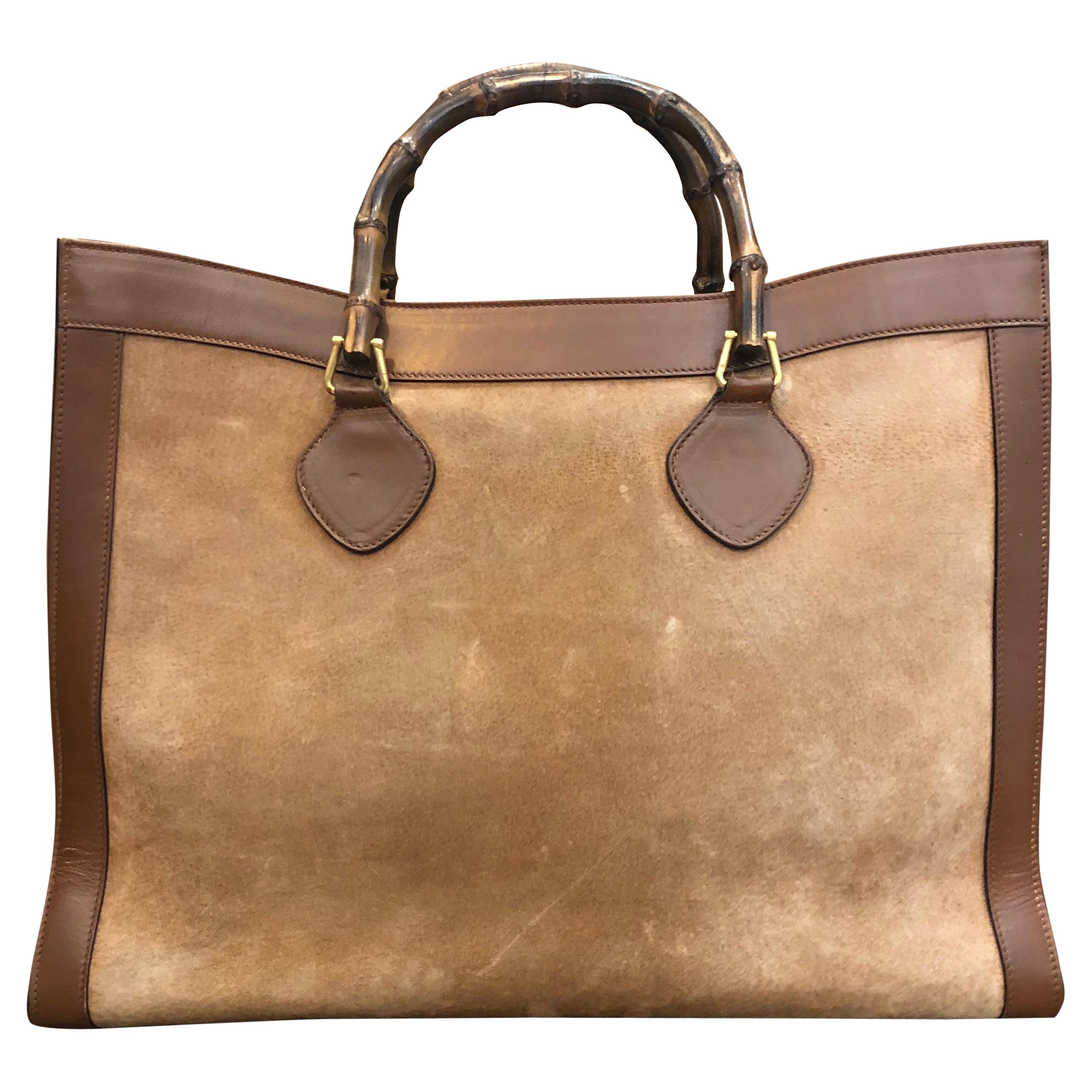 1990s Vintage GUCCI Brown Suede Leather Bamboo Tote Diana Tote Bag (Large)