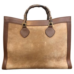 1990s Vintage GUCCI Brown Suede Leather Bamboo Tote Diana Tote Bag (Large)