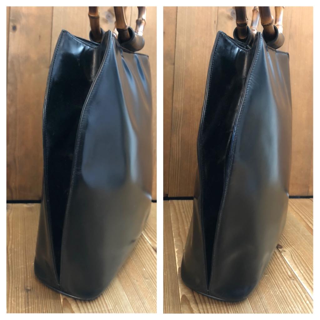 1990s Vintage GUCCI Calfskin Leather Bamboo Ring Tote Shoulder Bag Black For Sale 1