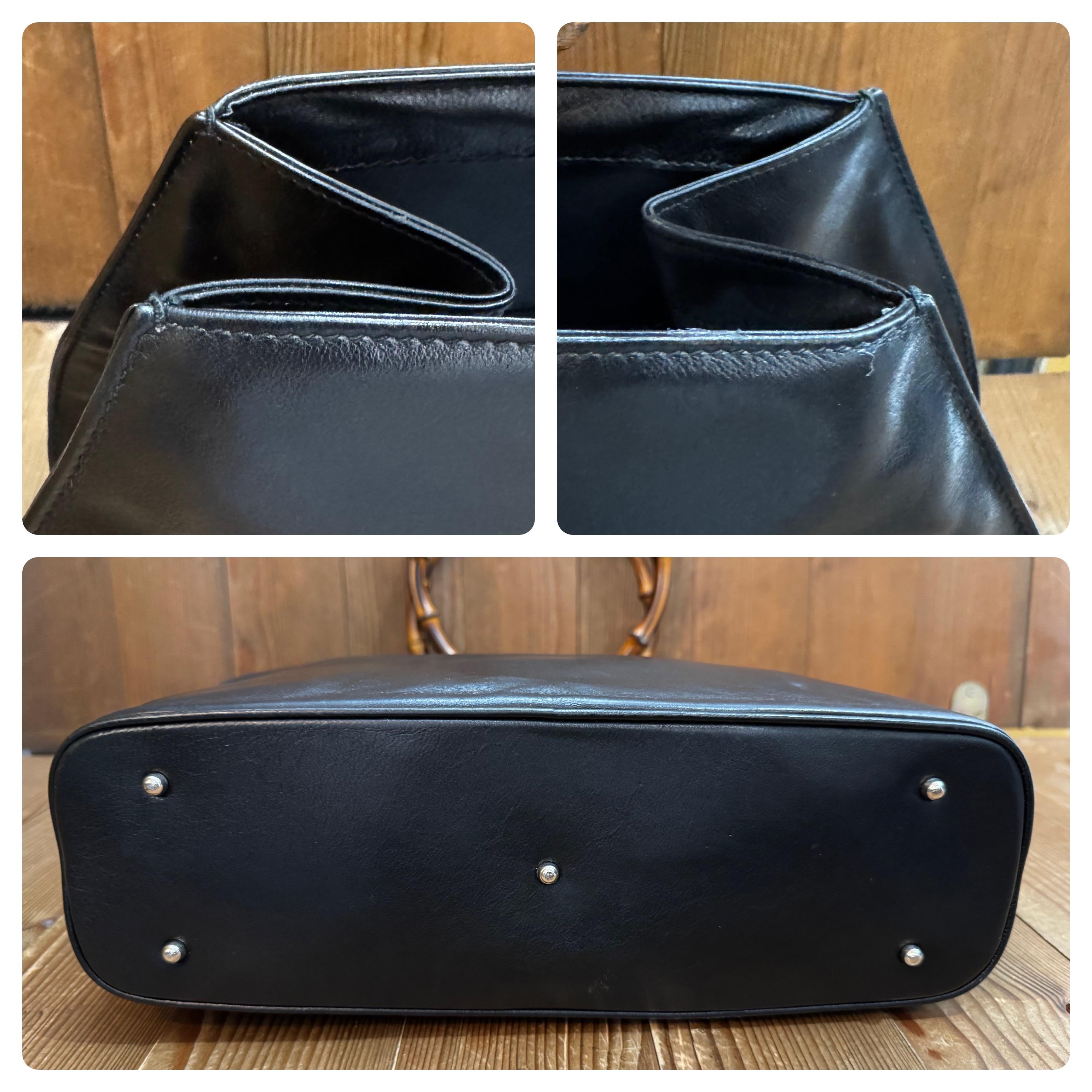 1990s Vintage GUCCI Calfskin Leather Bamboo Ring Tote Shoulder Bag Black For Sale 1