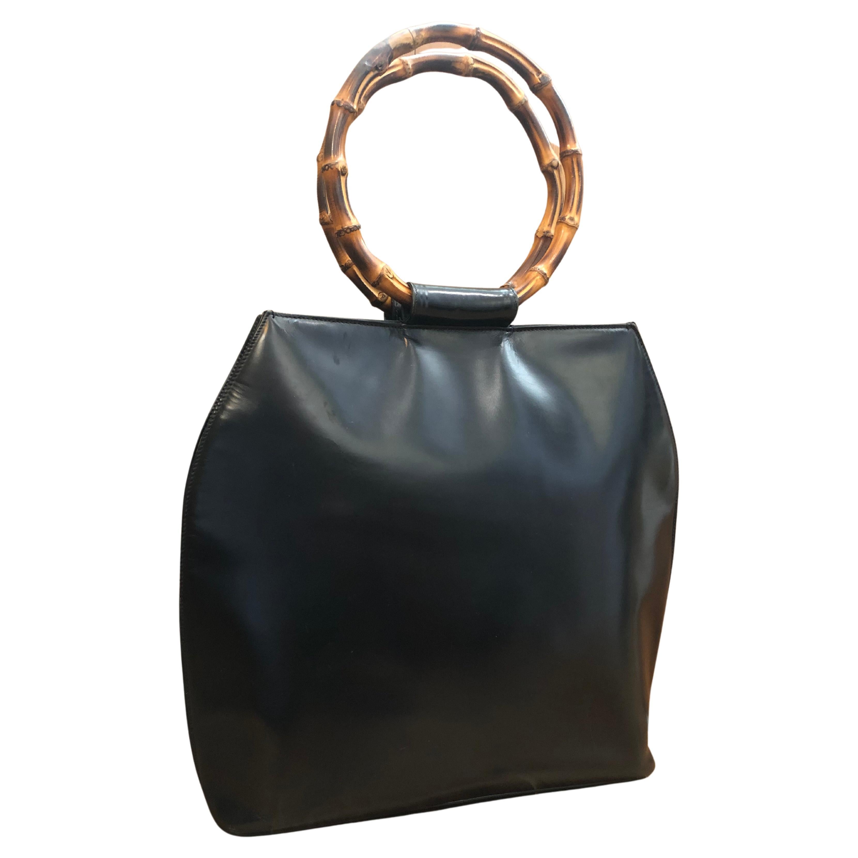 1990s Vintage GUCCI Calfskin Leather Bamboo Ring Tote Shoulder Bag Black For Sale