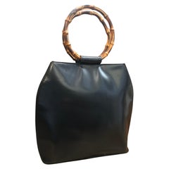 1990s Vintage GUCCI Calfskin Leather Bamboo Ring Tote Shoulder Bag Black