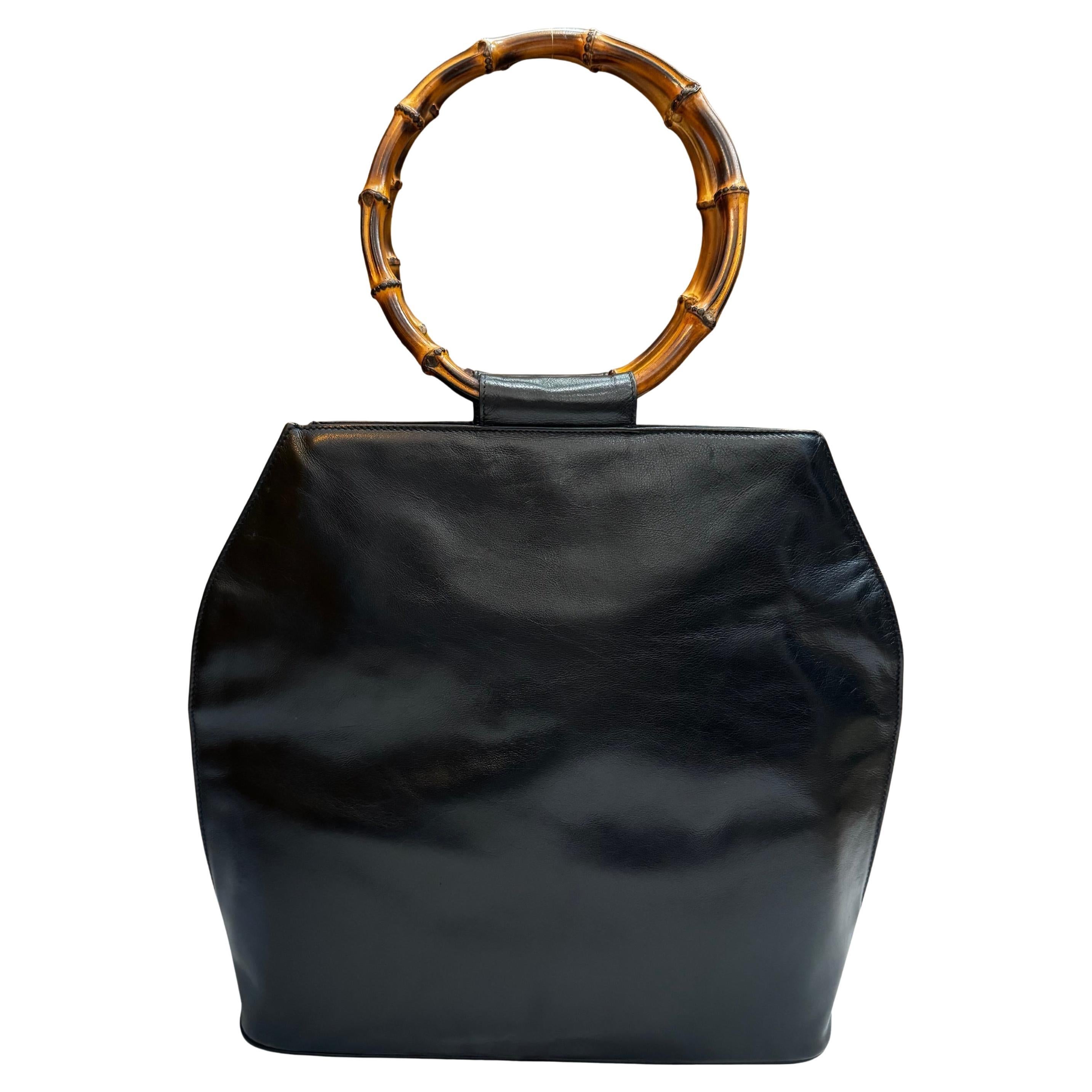 1990s Vintage GUCCI Calfskin Leather Bamboo Ring Tote Shoulder Bag Black