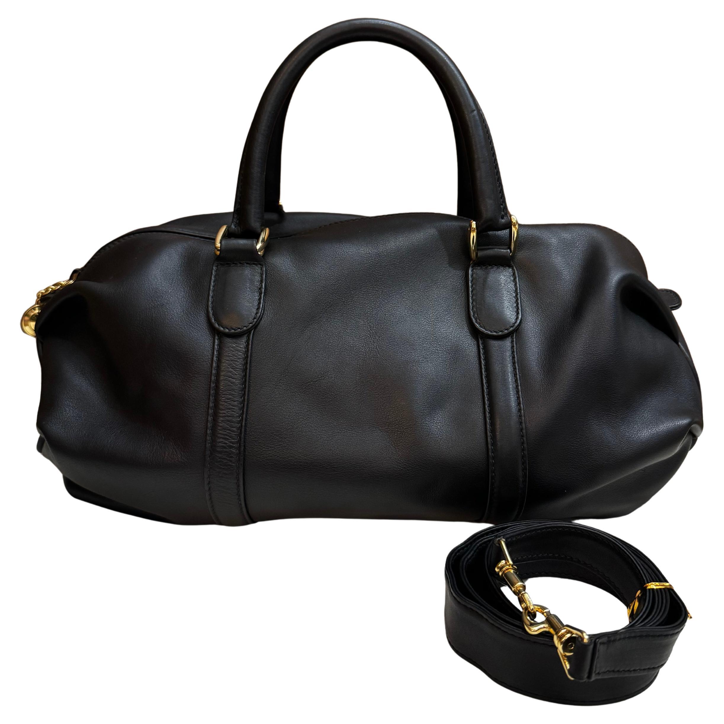 1990s Vintage GUCCI Calfskin Leather Boston Shoulder Bag Black Unisex