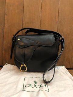 1990s Vintage GUCCI Mini Saddle Crossbody Bag Equestrian Calfskin Black
