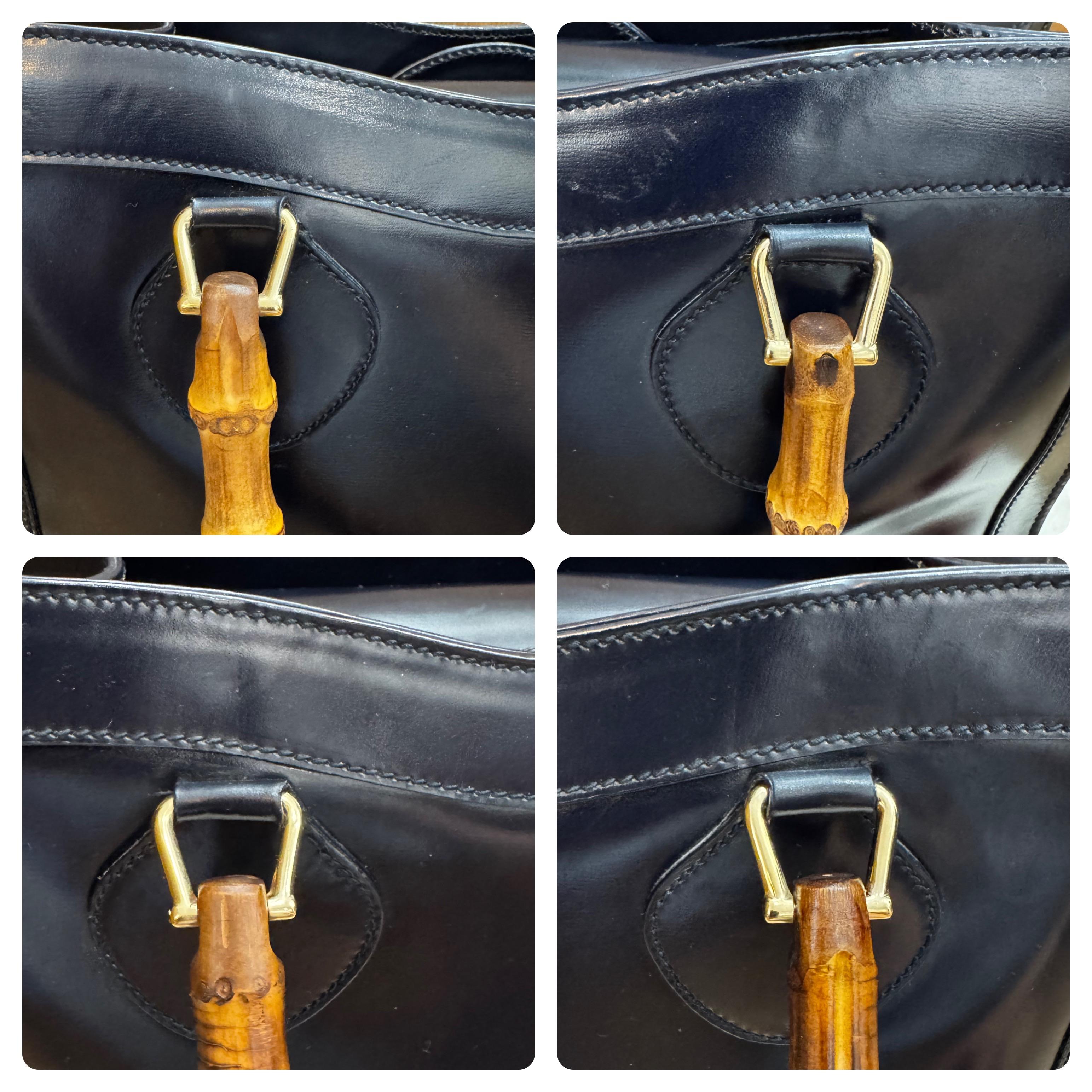 1990s Vintage GUCCI Diana Tote Bamboo Tote Bag Polished Leather Dark Navy 6