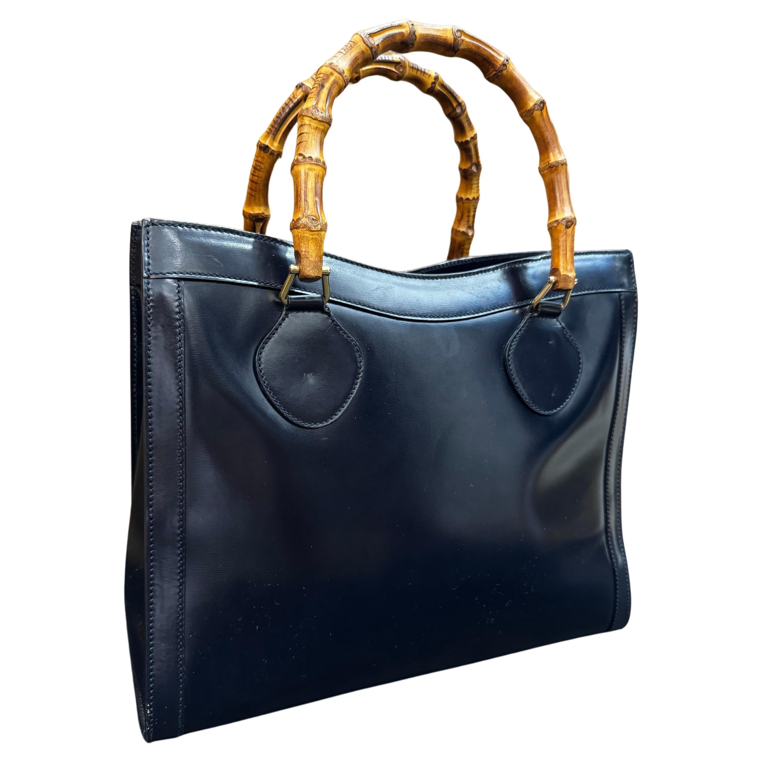 Women's or Men's 1990s Vintage GUCCI Diana Tote Bamboo Tote Bag Polished Leather Dark Navy