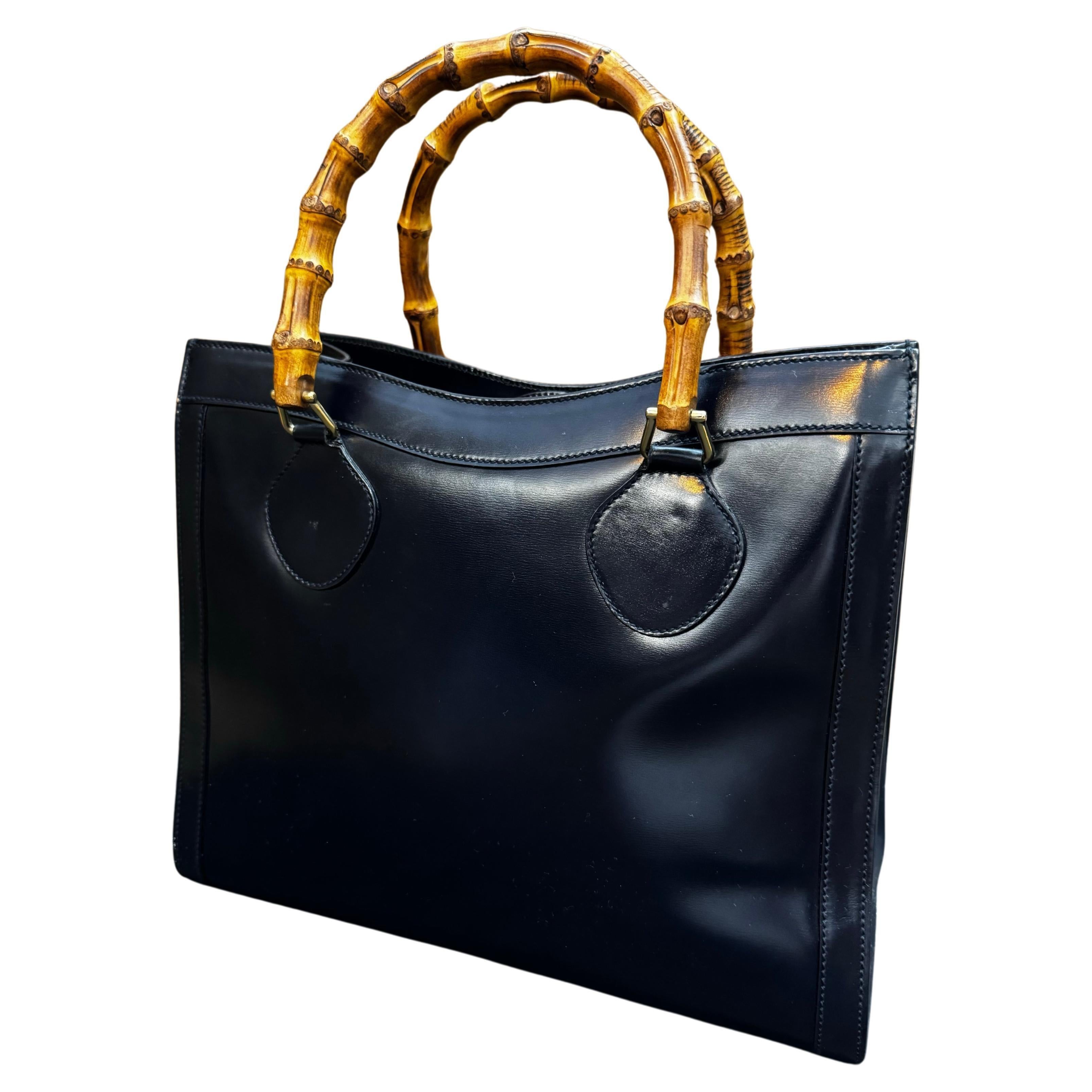 1990s Vintage GUCCI Diana Tote Bamboo Tote Bag Polished Leather Dark Navy 1