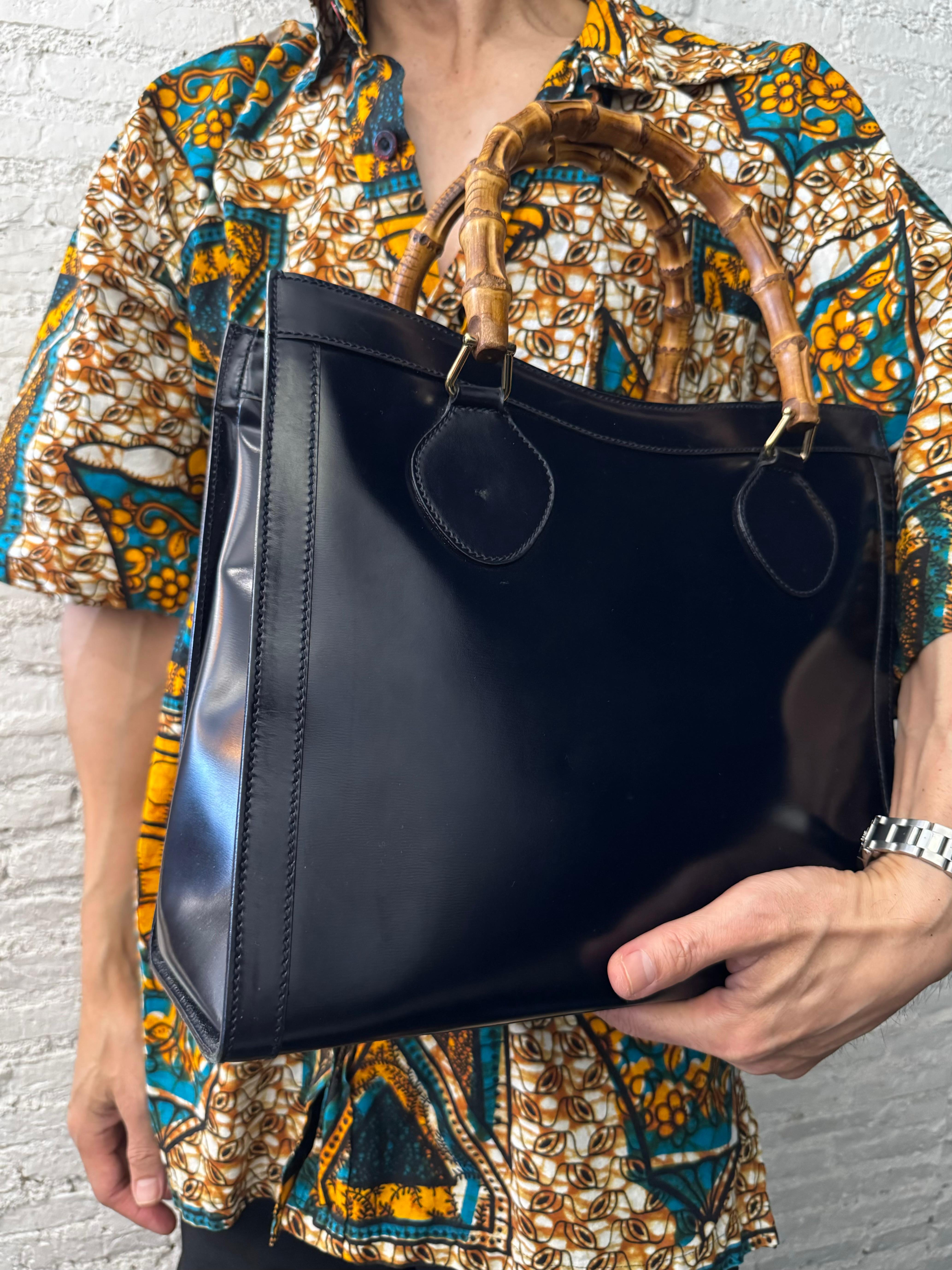 1990s Vintage GUCCI Diana Tote Bamboo Tote Bag Polished Leather Dark Navy 2