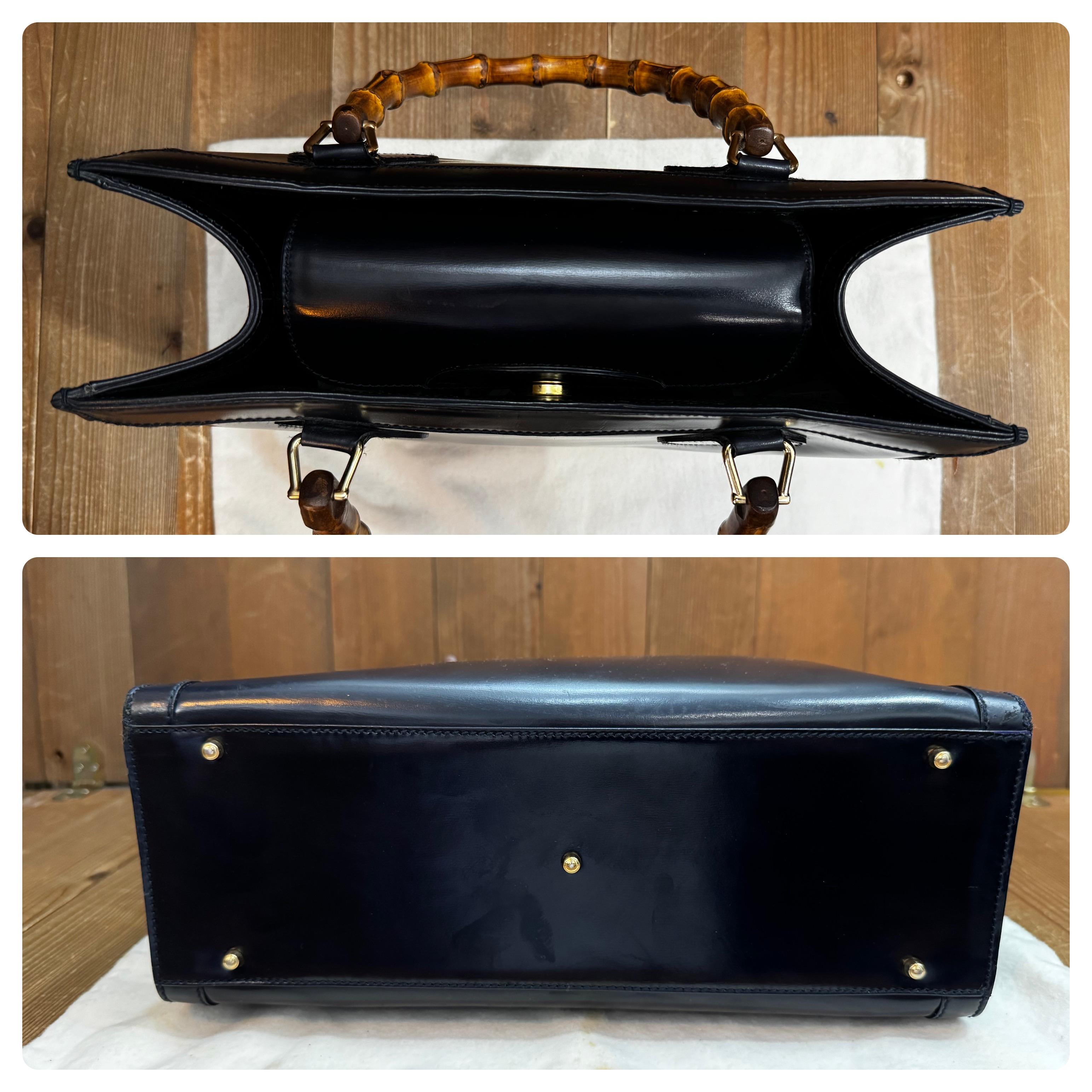 1990s Vintage GUCCI Diana Tote Bamboo Tote Bag Polished Leather Dark Navy 3