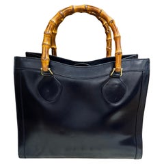 1990s Vintage GUCCI Diana Tote Bamboo Tote Bag Polished Leather Dark Navy