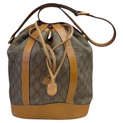 1990s Vintage GUCCI GG Jacquard Bucket Shoulder Bag Khaki Tan