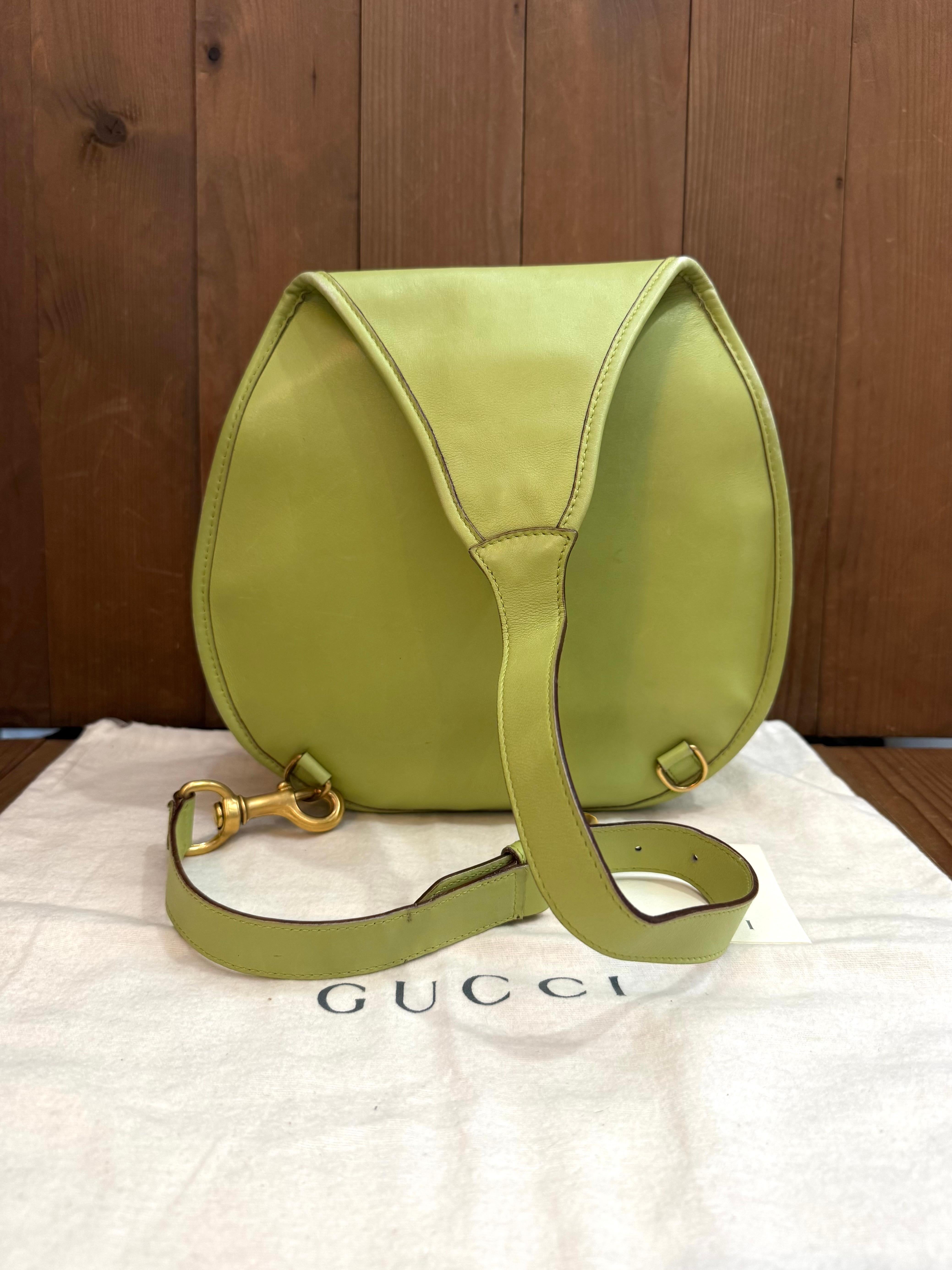 Brown 1990s Vintage GUCCI Horsebit Leather Shoulder Sling Bag Green Large
